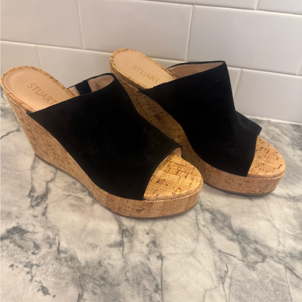 Stuart Weitzman Black Suede and Cork Wedge Sandals